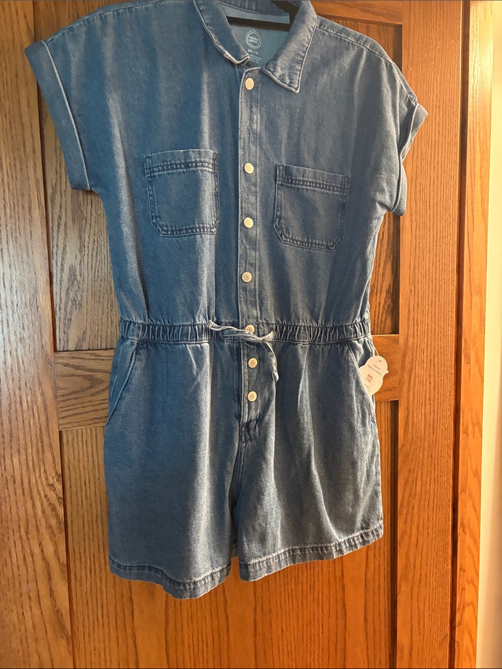 Girls Denim Short Sleeve Romper - Blue